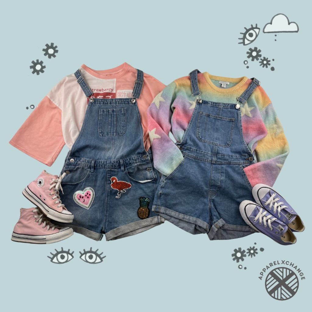 Two children's outfits featuring denim dungarees, colourful tops and converse trainers are arranged against a pale blue background. Grey and white sketches of eyes, flowers and clouds frame the outfits.